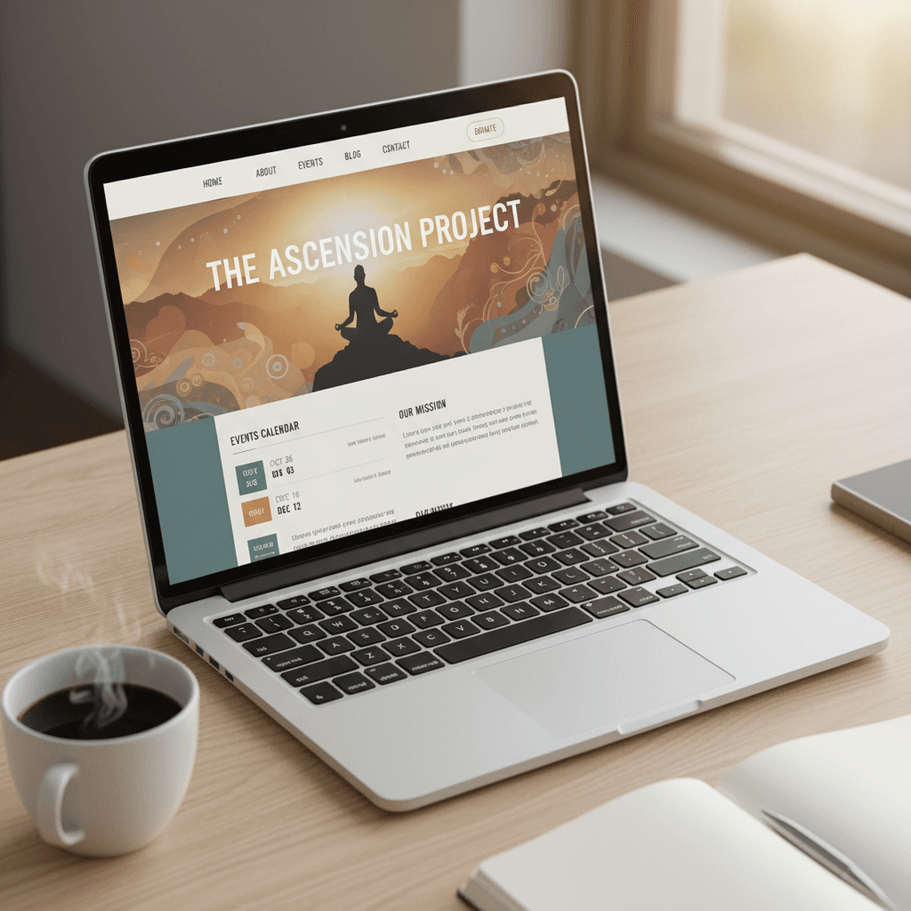 Laptop displaying modern responsive website design with hero banner, navigation, calendar, and donation features